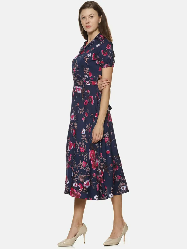 Navy_Blue_&_Pink_Floral_Printed_Shirt_Collar,Puff_Sleeves_Maxi_Dress